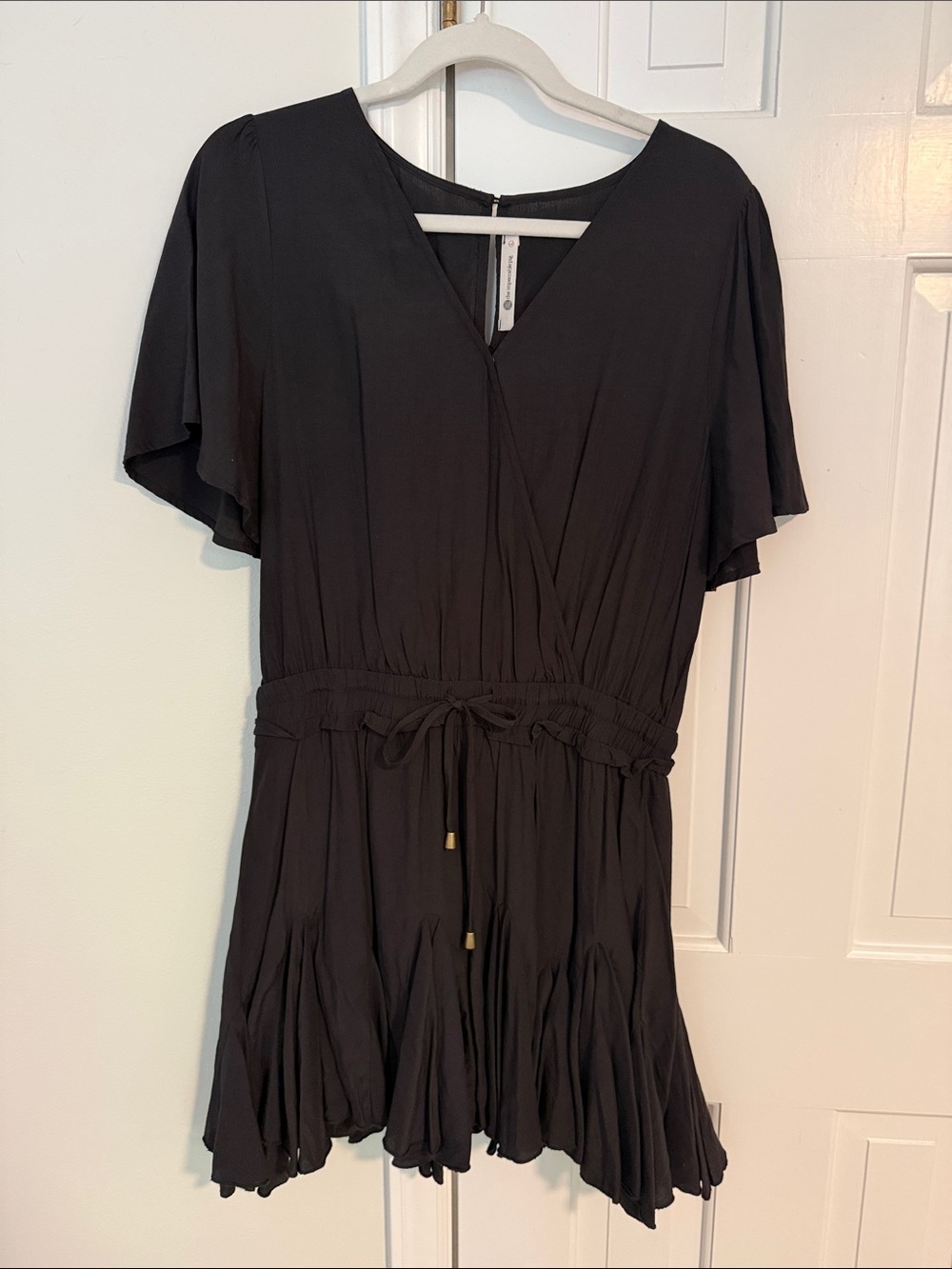 The Impeccable Pig Black Women’s Flutter Sleeve Drawstring Romper